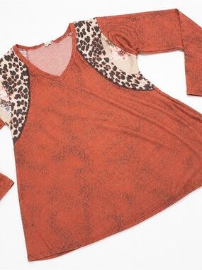 Lovely Melody 2XL Rust Leopard Floral Long Sleeve Swing Tunic Boutique Plus Size